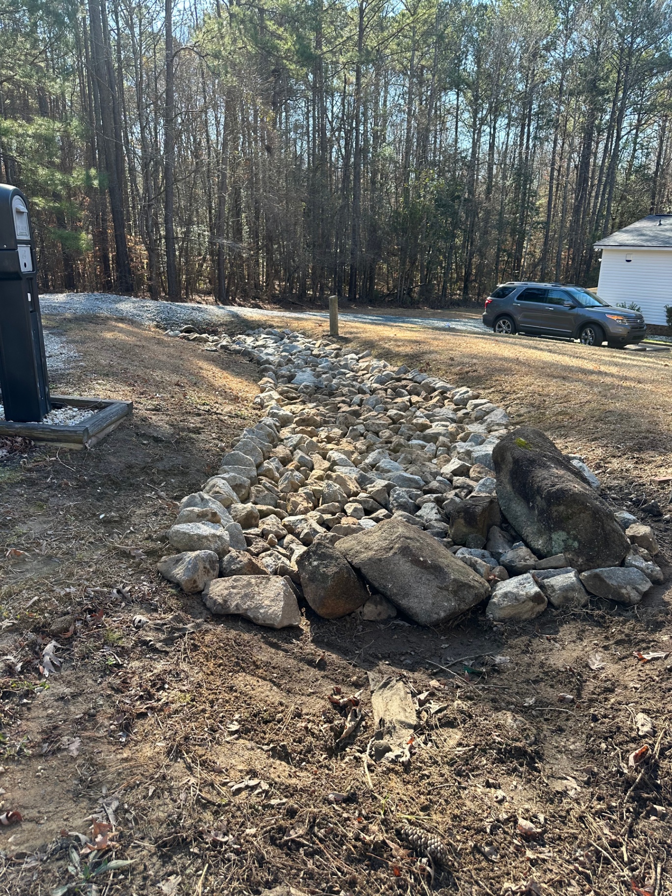 Rock drainage swale installation